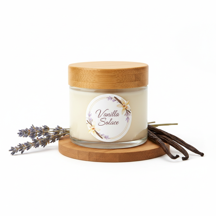 Vanilla Solace Body Butter by Miri Basics in clear jar with bamboo lid