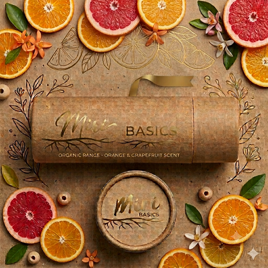 Miri Basics Orange Grapefruit Lip Balm - Organic Range, surrounded by orange and grapefruit slices and citrus blossoms