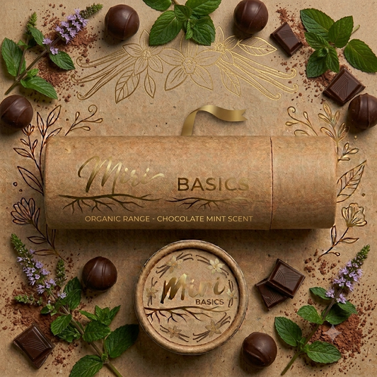 Miri Basics Chocolate Mint Lip Balm - Organic Range, surrounded by mint leaves and chocolate pieces