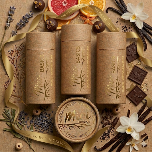 The Grounded Trio - Miri Basics organic lip balm bundle with Very Vanilla, Orange Grapefruit and Chocolate Mint scents