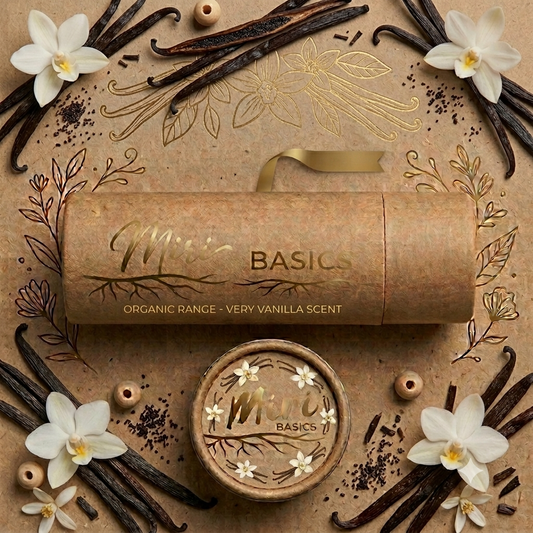 Miri Basics Very Vanilla Lip Balm - Organic Range, surrounded by vanilla pods and white flowers