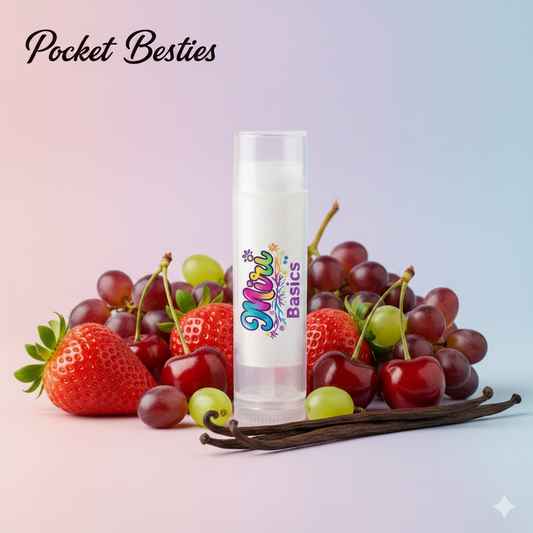 Pocket Besties lip balm bundle with strawberries, cherries, vanilla pods and grapes