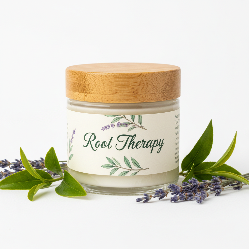 Root Therapy Hair Butter by Miri Basics in clear jar with bamboo lid, tea tree and lavender accents