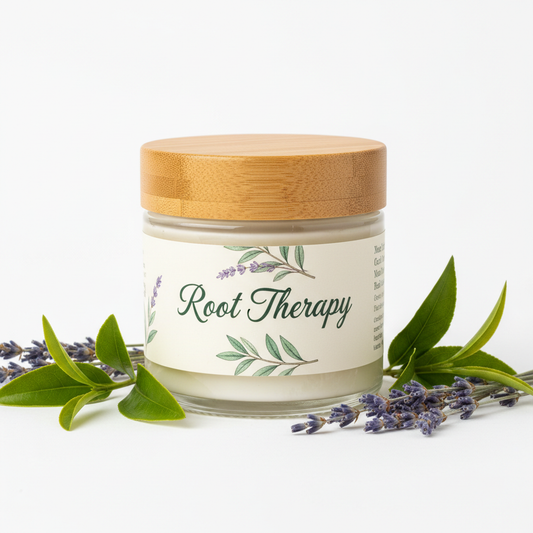 Root Therapy Hair Butter by Miri Basics in clear jar with bamboo lid, tea tree and lavender accents