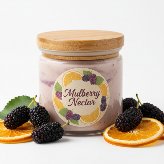 Mulberry Nectar Body Butter by Miri Basics in clear jar with bamboo lid