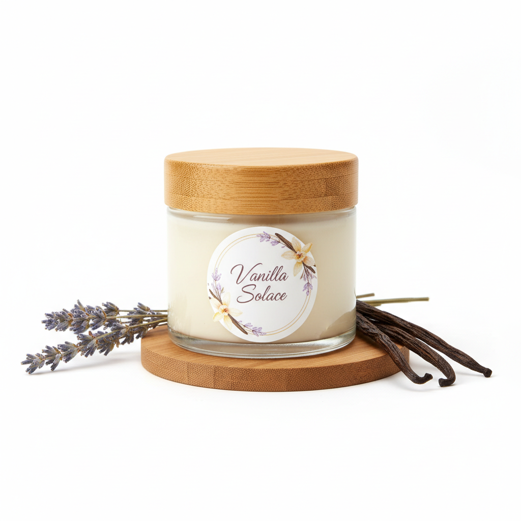 Vanilla Solace Body Butter by Miri Basics in clear jar with bamboo lid